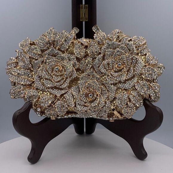 New, no tags, gold hard/clamshell/hand bag/clutch, fully embellished, crystals - Picture 1 of 16